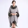 Höst Winter Women's Cloak Pashmina Faux Fur Hooded Cape Tassel Poncho Cardigans Knitwear Lady Shawl Stal Wraps Sweater Coat C3597