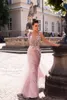 Berta 2019 Zeemeermin Roze Avondjurken Lange 3D Floral Geappliceerd Sheer V-hals Prom Gowns Sexy Beaded Formal Party Dress