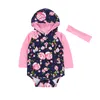最新の赤ちゃん服春秋生まれたばかりの赤ちゃん女の子服の花プリントフード付きローマンジャンプスーツ+ヘッドバンド2pcsセット衣装