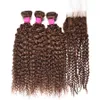 Brasileiro Virgin Humano Pacotes Cabelo castanho Kinky Curly Hair Extensions 3 Pacotes com laço frontal Encerramento #Brown cabelo tramas Tramas