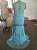 2018 New Blue Mermaid Mother Of The Bride Dresses Illusion Jewel Neck Crystal Beading Plus Size Short Sleeves Chiffon Wedding Guest Gowns