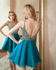 New Chiffon Deep V Back Dance Party Dresses Diamond Red Blue Sexy Party Return Home Back To School Prom Dresses Custom DH312