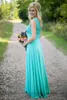 Turquoise Bridesmaids Dresses Sheer Jewel Neck Lace Top Chiffon Long Country Bridesmaid Maid of Honor Wedding Guest Dresses