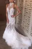 2020 Plus Storlek Bröllopsklänningar Lyxig Sheer High Neck Lace Bridal Gowns Robe de Marie Feather Open Back Mermaid Bröllopsklänning