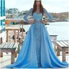 2018 Light Blue Evening Dress With Overskirt Beads Lace Applique Long Sleeve Mermaid Prom Dresses Glamorous Saudi Arabia Evening Gowns