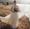 Los más nuevos vestidos de novia modestos de gasa de encaje boho con mangas casquillo Una línea de botones Volver Informal País Rústico LDS Vestidos de novia con mangas