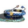 Nya Mens Armband Partihandel 10st / Lot 8mm Blue Sea Sediment Stone med rostfritt stål Lion Head Macrame Armband för fest