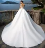 Scoop Neck Lace Satin Wedding Dress Lace Appliques 2018 Long Sleeves Wedding Gowns with Court Train White Ivory