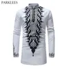 Men's African Printed White Dashiki Shirt New Slim Fit Mandarin Collar Dress Shirts Men Long Sleeve African Clothing