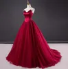 Robes de mariée sans bretelles bordeaux robes de bal 2019 drapé taille empire princesse robe de bal robe de mariée robes de mariée en satin tulle pas cher