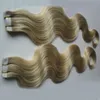 14 "16" 18 "20" 22 "24" Adhésif PU Peau Trame Extensions de cheveux sans soudure Bande Blond Extensions de Cheveux 40pcs Remy Tape Dans Les Extensions Body Wave