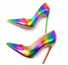 Casual Designer sexy lady real photo women's sandals luxura leather Multi color rainbow printed pointed toe woman female 12cm 10cm 8cm high heels pumps shoes