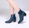 Design 2018 Pointed Toe Studded Women Ankle Boots Chunky Heel Elastic Band Western Cowboy Boots Shoes Woman