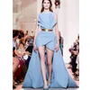 Stylish High-Low Satin Prom Dresses Glamorous Detachable Overskirt Baby-Blue Sleeveless Cocktail Dress Sexy Golden Sash Formal Evening Gowns