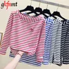 Cotton T-shirt Women 2018 New Autumn Long Sleeve O-Neck Female T Shirt White Striped Casual Basic Classic Lips Top Poleras Mujer