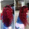 Alta qualidade longa solta profunda Curly perucas de calor sem cola resistente raízes escuras ombre cor sintético vermelho rendas frente Wigs da Mulher Negra