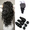 Tissage de cheveux naturels brésiliens bouclés, lisses, amples et profonds, avec Lace Closure 4x4, nœuds décolorés, Closures8046104, lots de 3