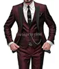 New Arrival Slim Fit Wine Groom Tuxedos Peak Lapel One Button Man Wedding Suit Men Business Prom Doskonała Blazer (Kurtka + Spodnie + krawat + kamizelka) 343