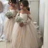 Robes de filles de fleur mignonnes à manches longues pour les mariages col transparent dentelle tulle longueur de plancher robe de bal princesse enfants robes de fête d'anniversaire