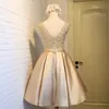 Short Ball Gown Bridesmaid Dress Gold Satin Party Dresses Knee Length Wedding Guest Dresses with Bow