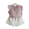 Adatti le ragazze dei bambini abiti le neonate chiffon top + corto 2 pezzi / set vestiti delle ragazze dei capretti vestiti chiffoni della perla del bambino del vestito