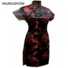 Siyah-Kırmızı Bahar Çin kadın Saten Mini Cheongsam Qipao Elbise Çiçek Artı Boyutu S M L XXL XXXL 4XL 5XL 6XL J4035