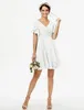 Kort längd Modest Chiffon A-Line Beach V-Neck Kväll brudtärna Klänningar med Korta Ärmar Beaded Ruched Temple Bridesmaids Dress