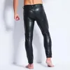 Sexy Men Funny Skinny Faux PU Leather Trousers Open Front Pants Gay Wetlook Black Long Johns Nightclub Performance Dancer Leather Pants