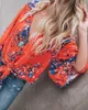Nowa Moda Kobiety Sexy Flower Casual Loose V Neck Bandaż Szyfonowa Koszula Z Długim Rękawem Bluzka Bluzki Dama Odzież