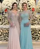 V Neck Chiffon Long Mothers Dresses Crystal Lace Appliques Beaded Sheer Long Sleeves Plus Size Split Mother Of The Bride Dresses