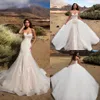 2022 Vintage Champagne Sweetheart Mermaid Lace Bröllopsklänningar med Overskirts Avtagbar tåg Backless Beach Plus Storlek Bröllopklänningar BA8382