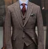 Vår vinter mode brun tweed brudgum tuxedos man blazer notch lapel två knapp män affärsmiddag prom kostym (jacka + byxor + slips + väst) 1155