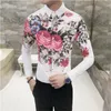 Men's printed lapel long-sleeved shirt, trend hair stylist clothing men's nightclub performance overalls S-3XL