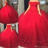 Vacker röd bollklänning quinceanera applikationer tyll satin spetsar upp prom söta 16 klänningar