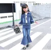 New Fashion Big Girls Sets Denim Kids Clothing Spring Autumn 2 pcs/lot Flare Sleeve Top + Flare Jeans Children Outfits