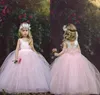 New Bonito vestido de baile rosa Flower Girls 'vestidos de rendas feitas à mão flor até o chão de tule camadas vestidos de casamento para as meninas