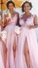 シアーネックレースアップリケセクシーな結婚式のゲストドレスジュエルの床の床の長さのメイドの薄手のドレスヴェスティドのピンクの高分割の花嫁介添人ドレス