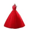 2018 Sexy Red Halter Crystal Bal Ball Suknie Quinceanera Suknie z aplikacjami Sweet 16 Dress Plus Size Lace Up Vestido DE 15 ANOS BQ26