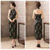 Sexy Sleeveless Cheongsam Backless Vintage Embroidery Women's Silk Satin Chinese Traditional Dress Elegant Long Classical Qipao