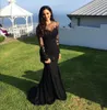 Sexiga aftonklänningar Arabisk juvelhals Illusion Lace Applicques Crystal Pärled Black Mermaid Long Sleeves Formal Party Prom Clows