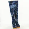 Kolnoo ny design klassisk stil handgjorda kvinnor högklacket knä stövlar demin peep-toe booties mode västra skor x161037
