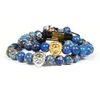 New Mens Pulseira Atacado 10 pçs / lote 8mm Azul Mar Sedimentos Pedra Com Cabeça de Leão de Aço Inoxidável Macrame Pulseiras Para o Partido