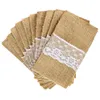 24pcs Packaging Fork & Knife Holder Pocket 4"x8" Vintage Jute Burlap Lace Chic Tableware Pouch for Wedding Party Decoration