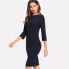 Sheinside Navy Pearls Beaded Sheath Pencil Dress Three Quarter Length Sleeve Zipper Dress 2018 Winter Women Office Ladies Dress