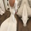 Sexy Mermaid Backless Wedding Dresses Jewel Neck Long Sleeves Lace Wedding Dress Appliques Sweep Train Satin Country Bride Gowns For Women