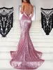 Rose Pink Glitz Sequined Mermaid Prom Dresses Spaghetti Strap Sexy Backless Sweep Train Formal Evening Dresses Women Prom Gowns