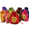 Embroidery Chinese Fu Joyous Reusable Christmas Bag Candy Tea Gift Bag Empty Drawstring Satin Jewelry Pouch Wedding Party Favors 50pcs/lot
