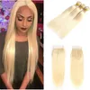Brazilian 613# Honey Blonde Hair Weave Bundles With Closure Honey Blonde 3 Pieces Human Hair Extensions With Closure Non Remy Hair