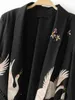 2017 Summer Bird Print Black Blazer Vestes Femmes Cool Slim Ladies Veste avec une ceinture Blazer Outwear décontractée