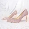 Sparkly Champagne Sequined Wedding Shoes For Bride Stiletto Heel Prom Banquet High Heels Plus Size Pointed Toe Shallow Bridal Shoes
